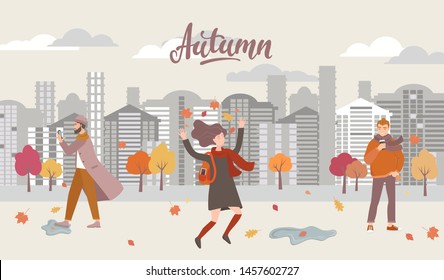 People in autumn city. Different characters in urban life during fall season. Jumping girl, walking man with phone and hipster with coffee on background with buildings and trees. Vector illustration.