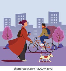 People in the autumn city with the city panorama on the background vector illustration