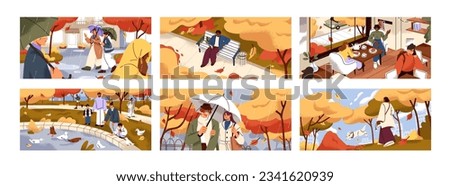 People in autumn city set. Friends, couple, family walking in park, street, relaxing in cozy cafe and nature, resting on bench, strolling with dog at leisure in fall season. Flat vector illustrations