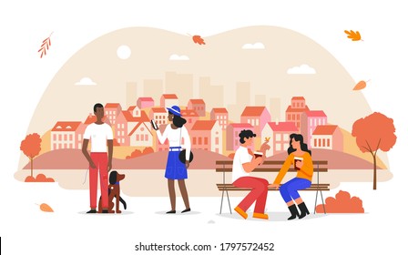 People in autumn city vector illustration. Cartoon flat happy man woman character walking with dog, couple dating, sitting on bench with hot coffee in hands, autumnal urban city park isolated on white