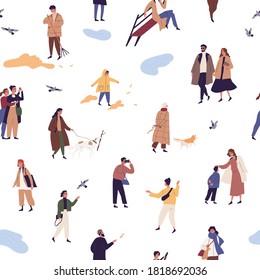 People in autumn clothes or outerwear seamless pattern. Man, woman and children walking on street and performing outdoor activity vector flat illustration. Wallpaper design with street style person