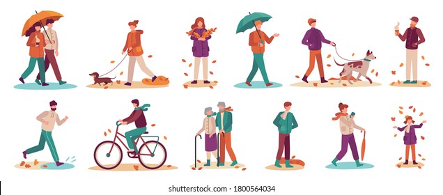 People in autumn. Couple with umbrella in rain, young and old man, woman walk autumn park. Fall season active lifestyle vector set. Boy riding bicycle, girl gathering fallen leaves and throwing