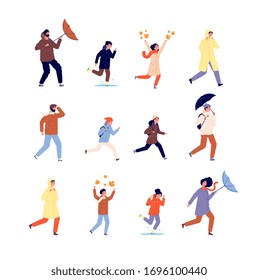 People in autumn. Happy active woman, outdoor pleasure. Kids jumping, fall leaves and rainy weather. Man with umbrella vector illustration