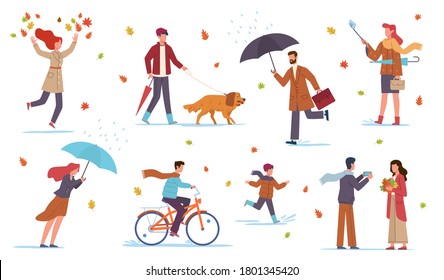 People in autumn. Men, women and kids walk in fall season with umbrellas in rain and wind among yellow orange leaves and puddles, riding bicycle, walking with dog, vector flat isolated set