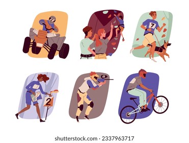 People at autumn outdoor activities set. Characters go in for sport and walk dog, do rock climbing and strategic game of paintball, ride quad and bike. Cartoon flat vector isolated on white background