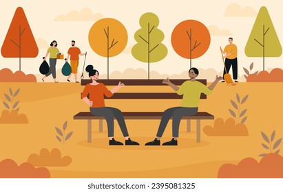 People in autumn park. Couple sitting at bench. Men and women cleaning from trash and orange leaves. Rest outdoor in city park in fall season. Love and romance. Cartoon flat vector illustration