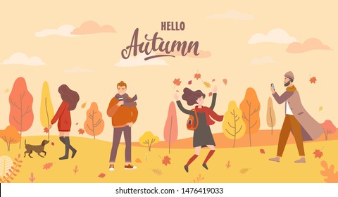 People in the autumn park in different situations - playing with the dog, jumping with fall leaves, man with phone and hipster with coffee. Men and women in season forest. Vector illustration.