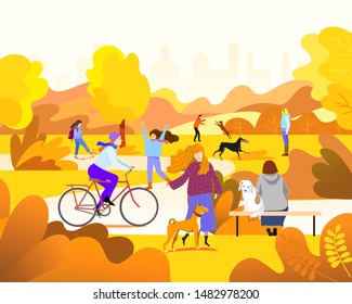 People in the autumn park in different situations.Large public garden in autumnVector illustration. 