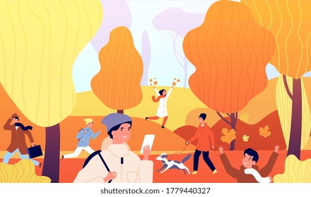 People in autumn park. Family activities on nature. Kids playing, person walk. Fall garden, colorful plant and cityscape vector illustration