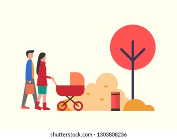 People in autumn park, family walking around trees nature vector. Father and mother, parents of kid in perambulator. Stroller for child, fall season