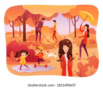 People in autumn park flat vector illustration. Happy adults and little children cartoon characters. Men cleaning fallen leaves, kids playing together. Woman with umbrella walking dog