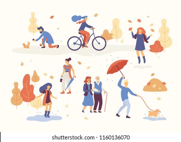 People in the autumn park having fun, walking the dog, riding bicycle, jumping on puddle, playing with autumn leaves, man with umbrella and bulldog. Set casual men and women in forest in fall vector
