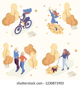 People in the autumn park having fun, walking the dog, riding bicycle, jumping, playing with autumn leaves, elderly couple on a walk. Concept for a landing page, web design