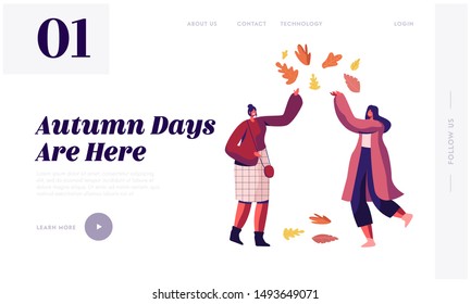 People in Autumn Park Having Fun and Walk Website Landing Page. Girls Jumping and Playing with Fallen Leaves Enjoy Open Air Activities and Recreation Web Page Banner. Cartoon Flat Vector Illustration