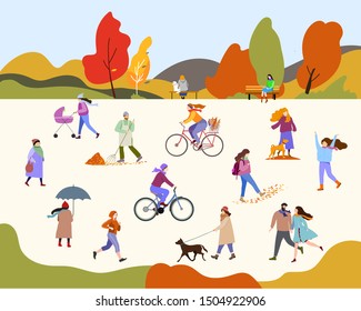 People in the autumn park having fun, walking the dog, riding bicycle.Vector illustration.