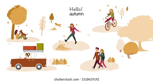 People in the autumn park having fun, kicking the leaf, riding bike, walking and drinking coffee, playing with dog and driving car. Set casual people in forest in fall cartoon character design vector