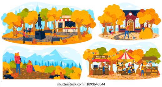 People in autumn park outdoor, hiking in fall nature, autumn market set of vector illustration. Entertainment outside home, nice weather. Autumnial landscape. Fall season activities and lifestyle.