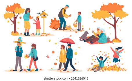 People in autumn park set of vector illustrations. Kids having fun, playing with autumn leaves in park, mother and daughter feed birds. Grandfather with boy look for mushrooms, picnic in fall season.