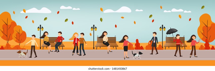 People in the autumn park, walking the dog, people talk on the chair, love couple walking, man with umbrella, big set casual people in the autumn park, vector