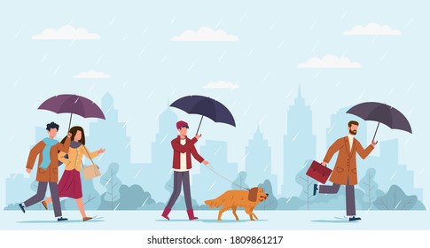 People autumn rain. Women and men with umbrella walking at rainy windy day on street, boy walking with dog and businessman run on puddles on fall cityscape seasonal weather vector flat cartoon concept