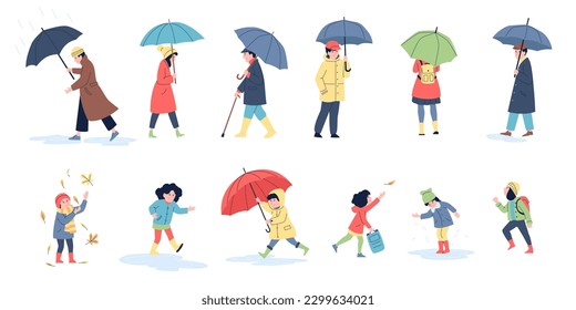 People in autumn rainy day walking with umbrella. Adults and funny children jump in fall puddles. Recreation on nature, outdoor recent vector characters