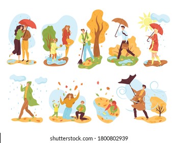 People in autumn season set of isolated vector illustrations. Men and women in fall outdoor under rain with umbrella, in autumnal park, kids playing with autumn leaves. Windy weather.