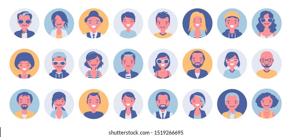 People avatar big bundle set. User pic, different human face icons for representing person in a video game, Internet forum, account. Vector flat style cartoon illustration isolated on white background - Shutterstock ID 1519266695