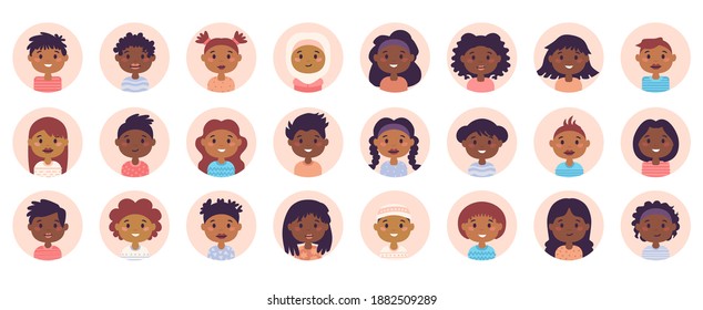 People avatar big bundle set. African American Teens and kids various avatar. Collection of schoolboy and schoolgirl. For video game, Internet forum, account. User pic, human face icons in flat style