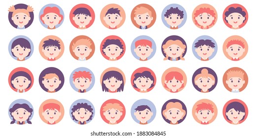 People avatar big bundle set. American Teens and kids various avatar. Collection of schoolboy and schoolgirl. For video game, Internet forum, account. User pic, human face icons in flat style
