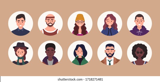 People avatar bundle set. User portraits. Different human face icons. Male and female characters. Smiling men and women characters. Flat cartoon style vector illustration