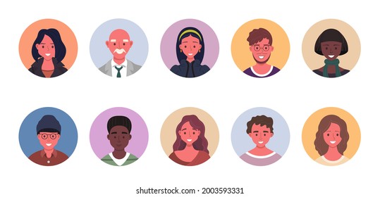 People avatar bundle set. User portraits in circles. Different human face icons. Male and female characters. Smiling men and women characters. Flat cartoon style vector illustration
