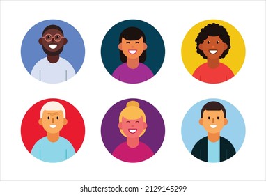 People avatar bundle set. User portraits in circles. Flat cartoon style vector illustration. Different human icons with diversity faces.