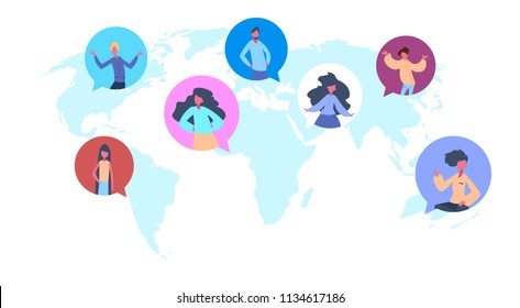 people avatar chat bubbles earth world globe communication man woman portrait concept flat vector illustration