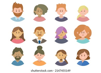 Colección de avatares de la gente. Caricatura de hombre y mujer con corte de pelo diverso. Personajes modernos, estudiantes o equipo creativo de oficinistas. Foto de usuario, diferentes iconos de la cara de los jóvenes
