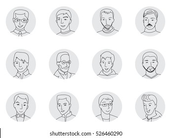 People avatar collection, set of happy men face icons in business and casual clothes, mixed age, Hand drawn thin line sketch style cartoon vector illustration.