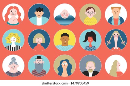 People Avatar Face Collection  icons, set of stylized vector portraits, cartoon characters 