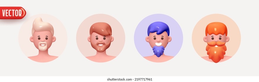 People Avatar Face with smile. Icon user person. Close-up faces of Man and boy in round frame with beard. Set of People happy joyful. Realistic 3d design in cartoon style. vector illustration