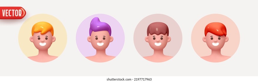 People Avatar Face with smile. Icon user person. Close-up faces of Man and boy in round frame with beard. Set of People happy joyful. Realistic 3d design in cartoon style. vector illustration