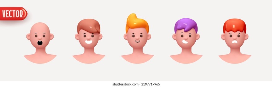 Gente Avatar Face con sonrisa. Usuario de icono. Caras de hombre y niño con barba. Gente feliz feliz. Diseño 3d realista al estilo de las caricaturas. ilustración vectorial