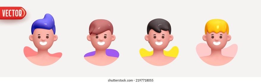 People Avatar Face with smile. Icon user person. Close-up faces of Man and boy with beard. Set of People happy joyful. Realistic 3d design in cartoon style. vector illustration