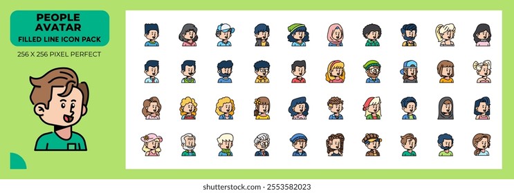 People Avatar Filled Line Icons Pack, Contain Such as Male, Female, Older and More
