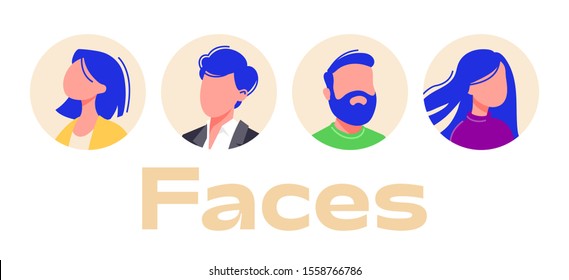 People Avatar Flat Faces, Business Characters In Flat Design. Blue Haired Business Man And Woman Colleagues Collection. New, Modern Office Workers In Cartoon Style. Minimal Faces For Startups