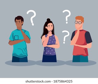 avatares de personas flexando con signos de interrogación diseño, idea de pensamiento y tema de creatividad Ilustración vectorial
