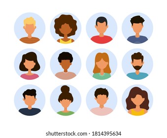 People avatar icon set. Collection portraits of multiracial man and woman. Cartoon vector illustration.