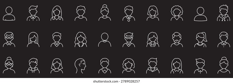 People avatar icon set, profile picture collection of diverse men and women faces, linear vector human character portraits on transparent background