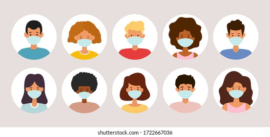 People avatar icon set wearing medical face masks. Protection against virus. Vector illustration.