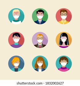 People Avatar Icon Set Wearing Medical Face Masks. People Vector Illustration. Men and Women Icons Isolated.