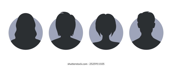 Personas iconos de avatar. Conjunto de siluetas femeninas y masculinas en círculos. Mujeres y hombres, avatares de usuarios anónimos. Ilustración vectorial