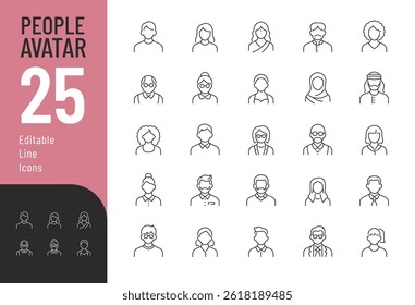 People Avatar Line Editable Icons set. Vector illustration in modern thin line style of people portraits of different ages and nationalities in a minimalist style. Isolated on white background.