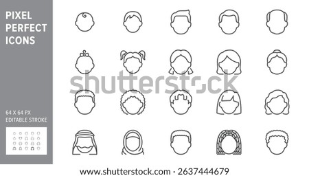 People avatar line icons. Vector illustration include icon - woman, baby, young person, grandfather, teenager, boy, toddler, adult outline pictogram for faces. 64x64 Pixel Perfect, Editable Stroke.
